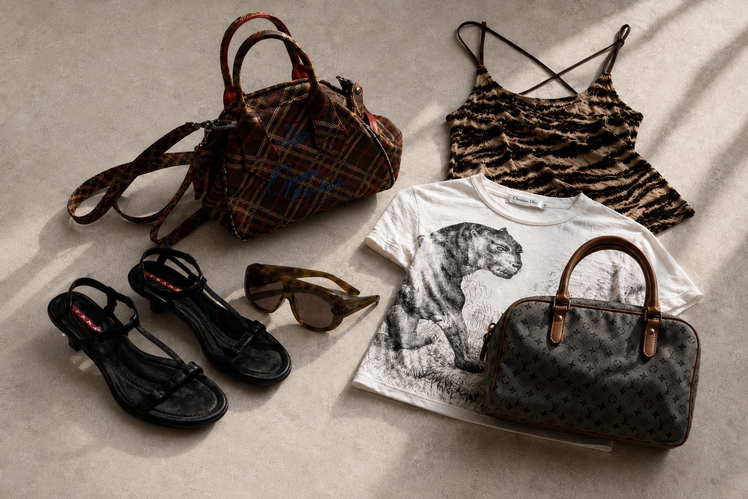 Curated vintage designer flat lay